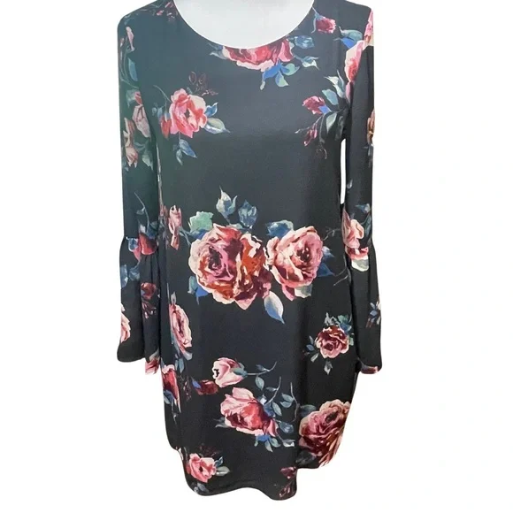 Everly Black Floral Sheath Dress with Bell Sleeves, Great for any season. Size S - Picture 2 of 11